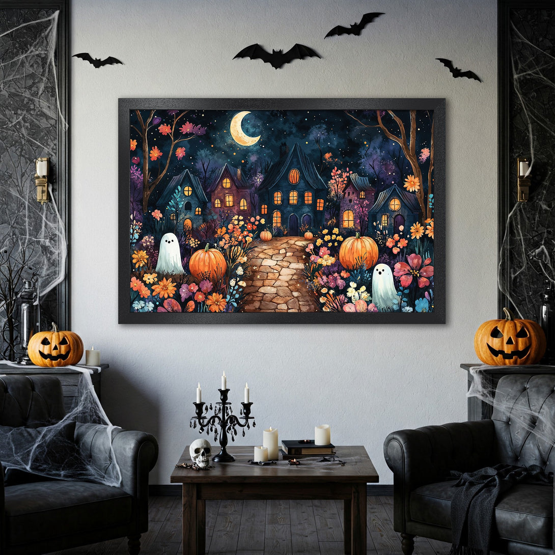 Framed Poster: Spooky Halloween scene with houses, pumpkins, and ghosts. Watercolor style, dark blue and orange palette. Perfect Halloween decor.