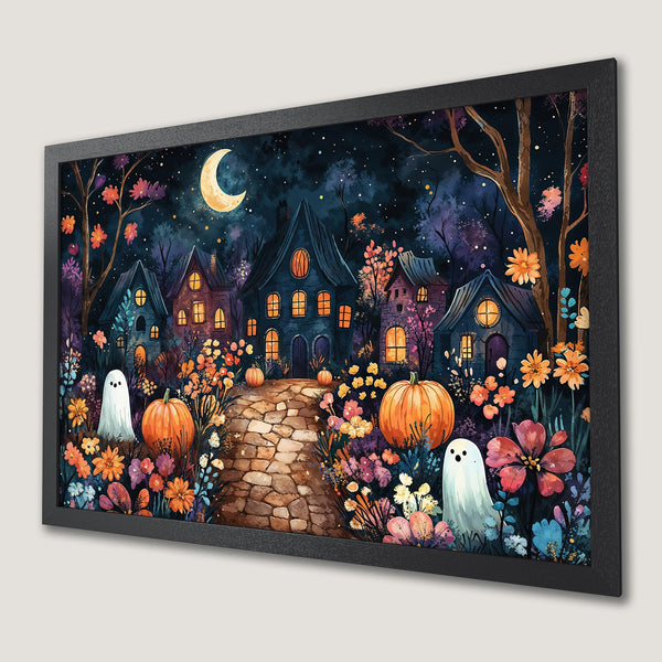Framed Poster: Halloween scene with houses, pumpkins, ghosts, and flowers. Watercolor style, dark blue, orange, and purple palette.