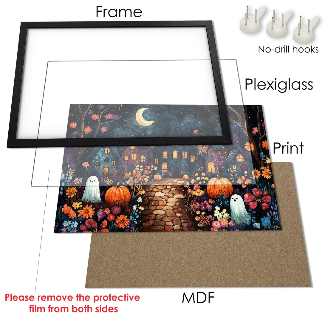 Framed Poster featuring a whimsical Halloween scene with a dark, colorful palette. Perfect for fall decor!