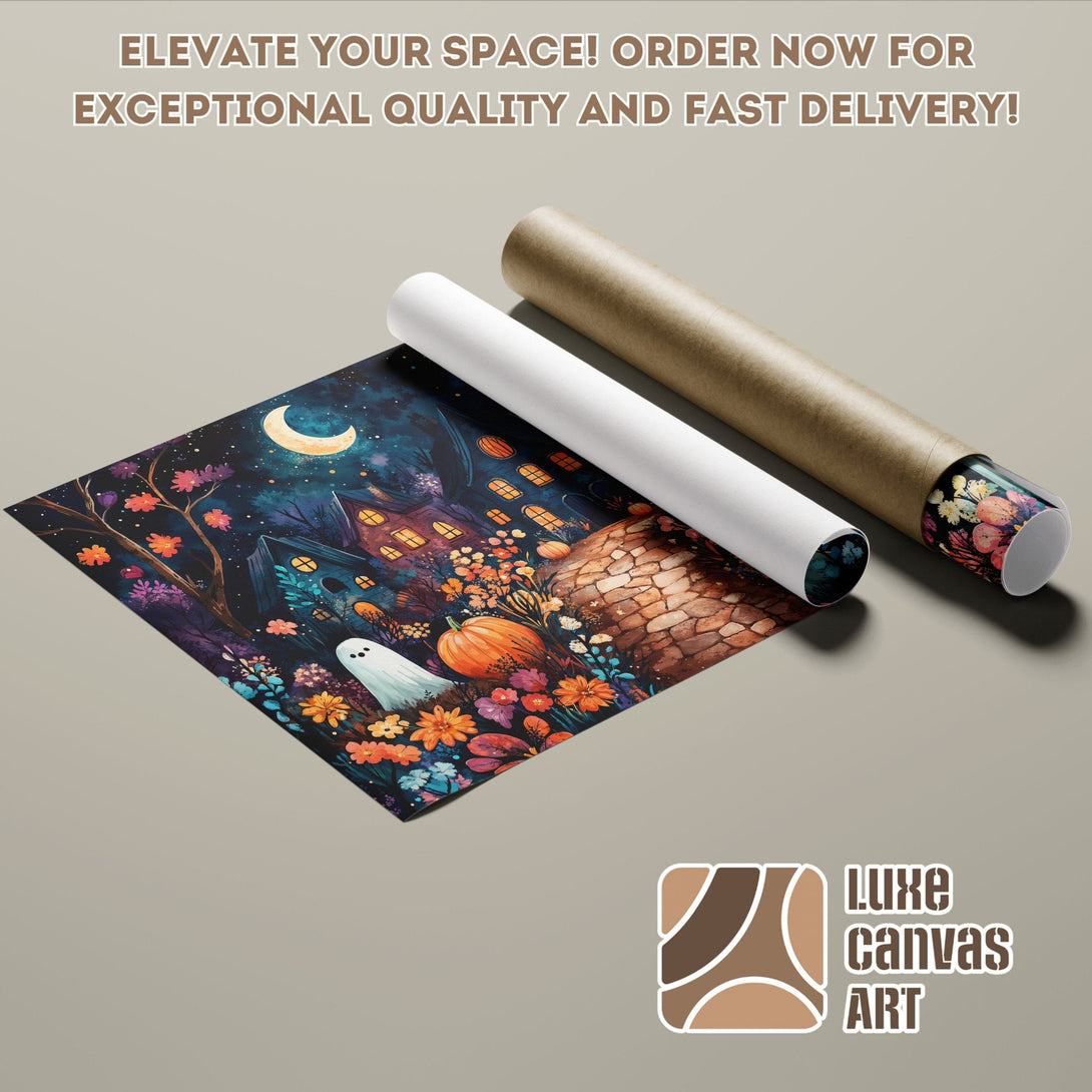 Halloween Poster Roll featuring a spooky house illustration, vibrant colors, and whimsical style.