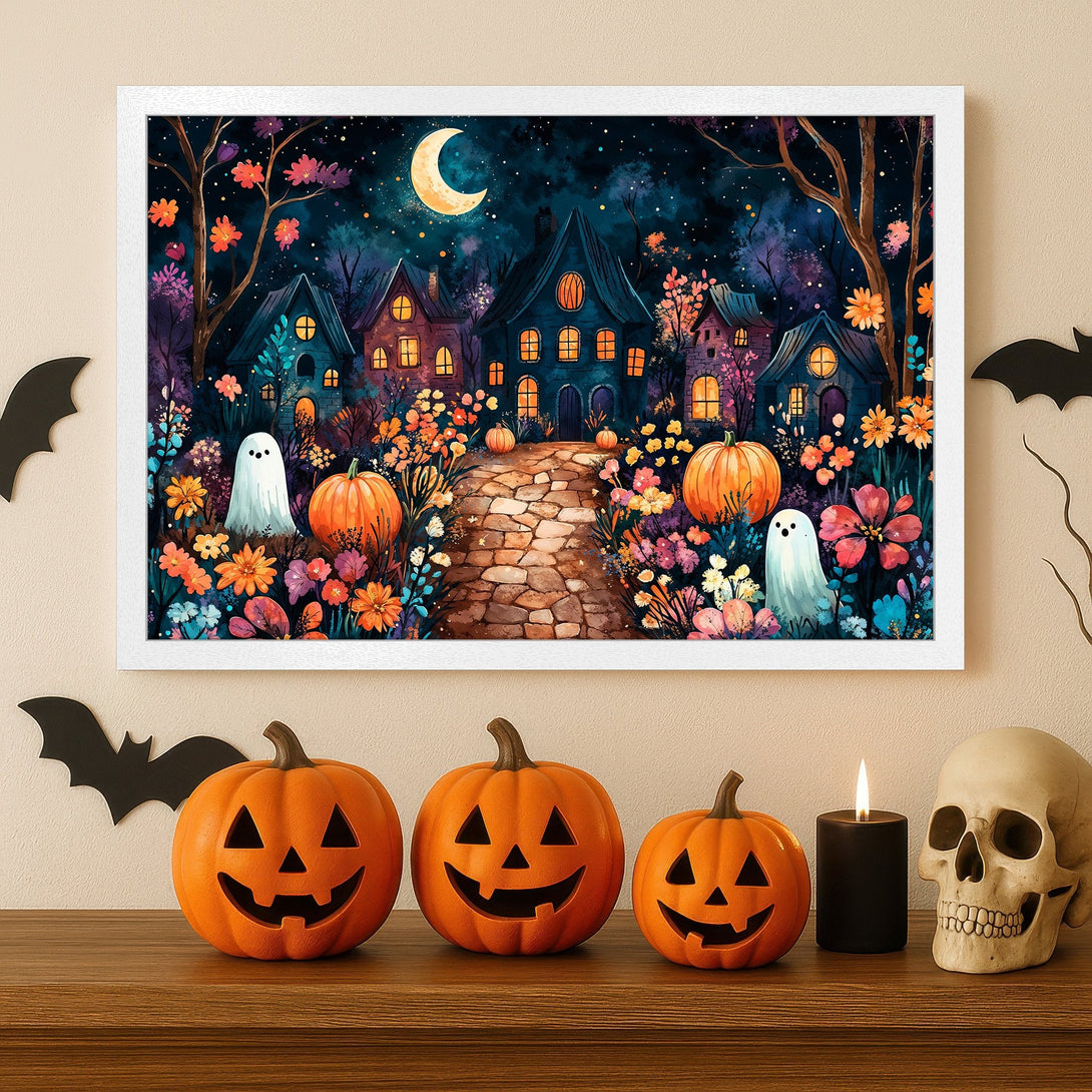 Framed Poster: Halloween scene with spooky houses, pumpkins, and ghosts in a watercolor style, dark blue and orange color palette.