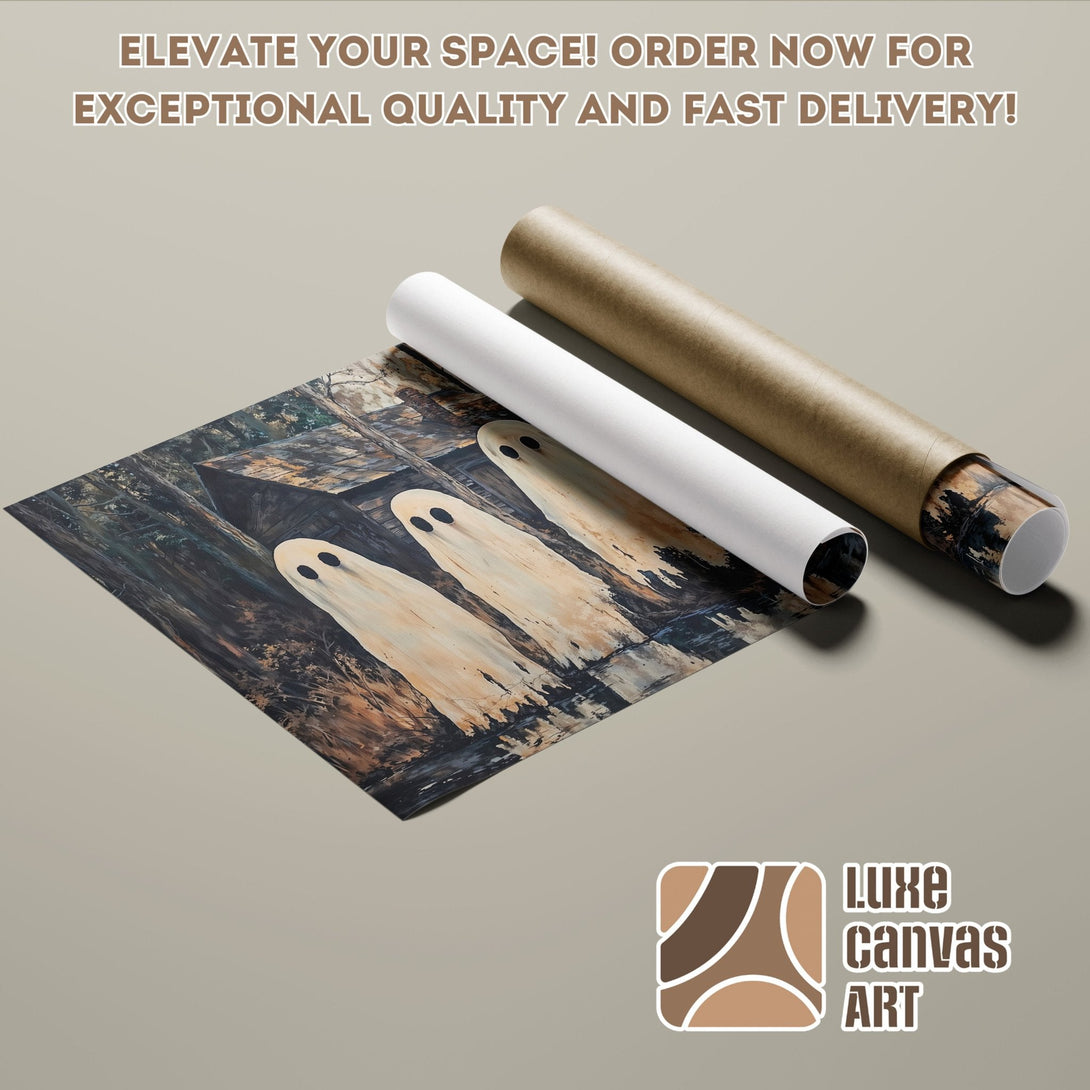 Poster Roll featuring a spooky ghost art print in a muted brown and beige palette.