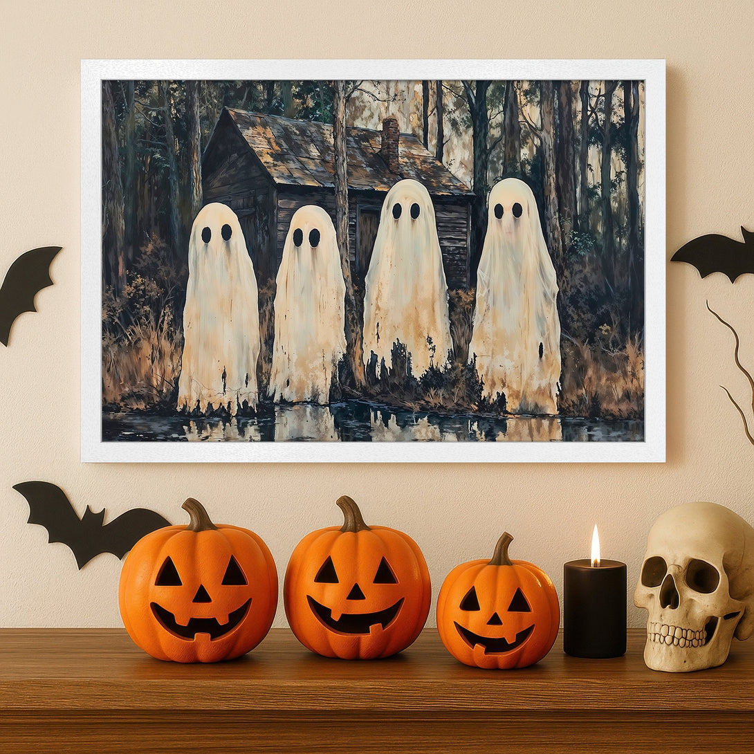 Framed Poster: Spooky Halloween art featuring ghosts in a dark forest. Perfect for adding a touch of eerie charm to your home decor. Neutral color palette.