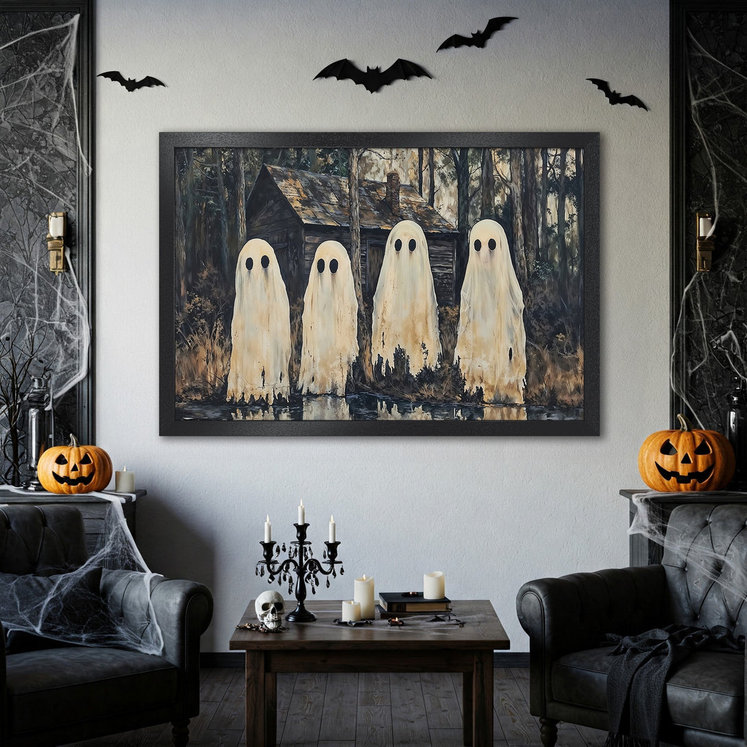 Framed Poster featuring spooky ghosts in a dark forest. Perfect Halloween decor, with a moody, neutral color palette. Add a touch of eerie art to your home!