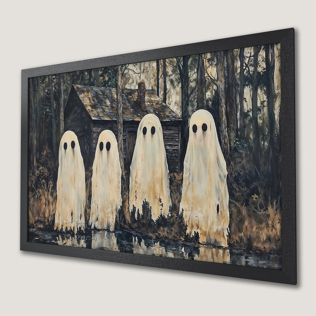 Framed Poster of spooky ghosts in a forest, featuring a rustic cabin. Eerie art with a muted, earthy color palette. Perfect for Halloween decor!