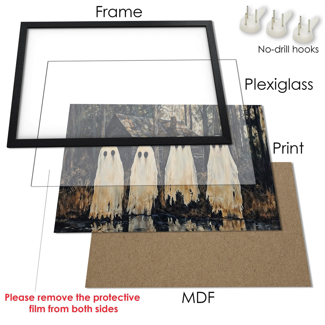 Framed Poster: Spooky art print featuring ghosts in a forest, dark color palette. Perfect for Halloween decor!