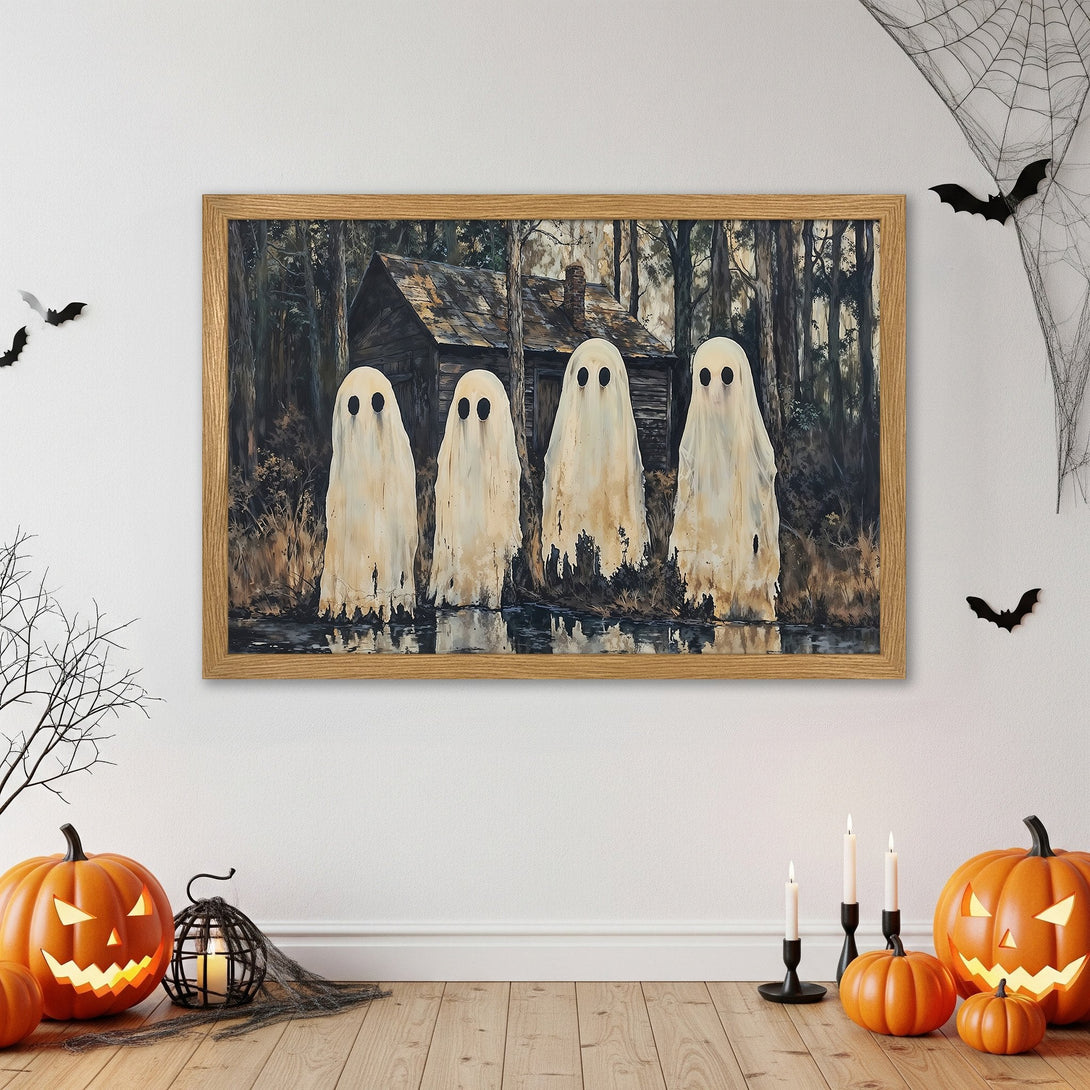 Framed Poster featuring spooky ghosts in muted tones, perfect Halloween decor. Watercolor style, earthy palette.