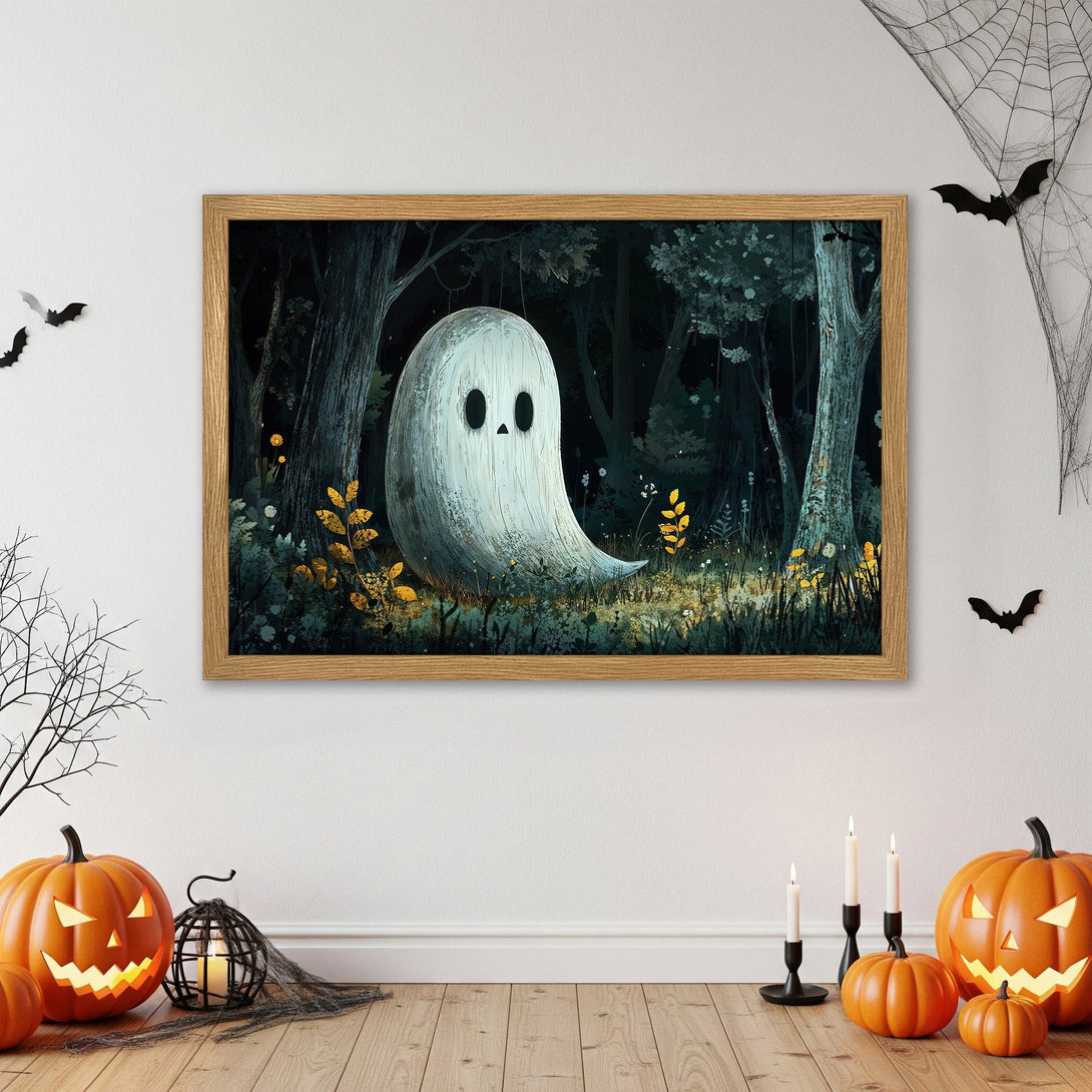 Framed Poster featuring a whimsical ghost in a forest scene. Dark, moody tones with pops of yellow. Perfect Halloween decor!