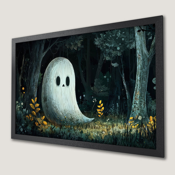 Framed Poster featuring a friendly ghost in a whimsical forest scene. Dark, moody color palette with touches of gold. Perfect Halloween decor!
