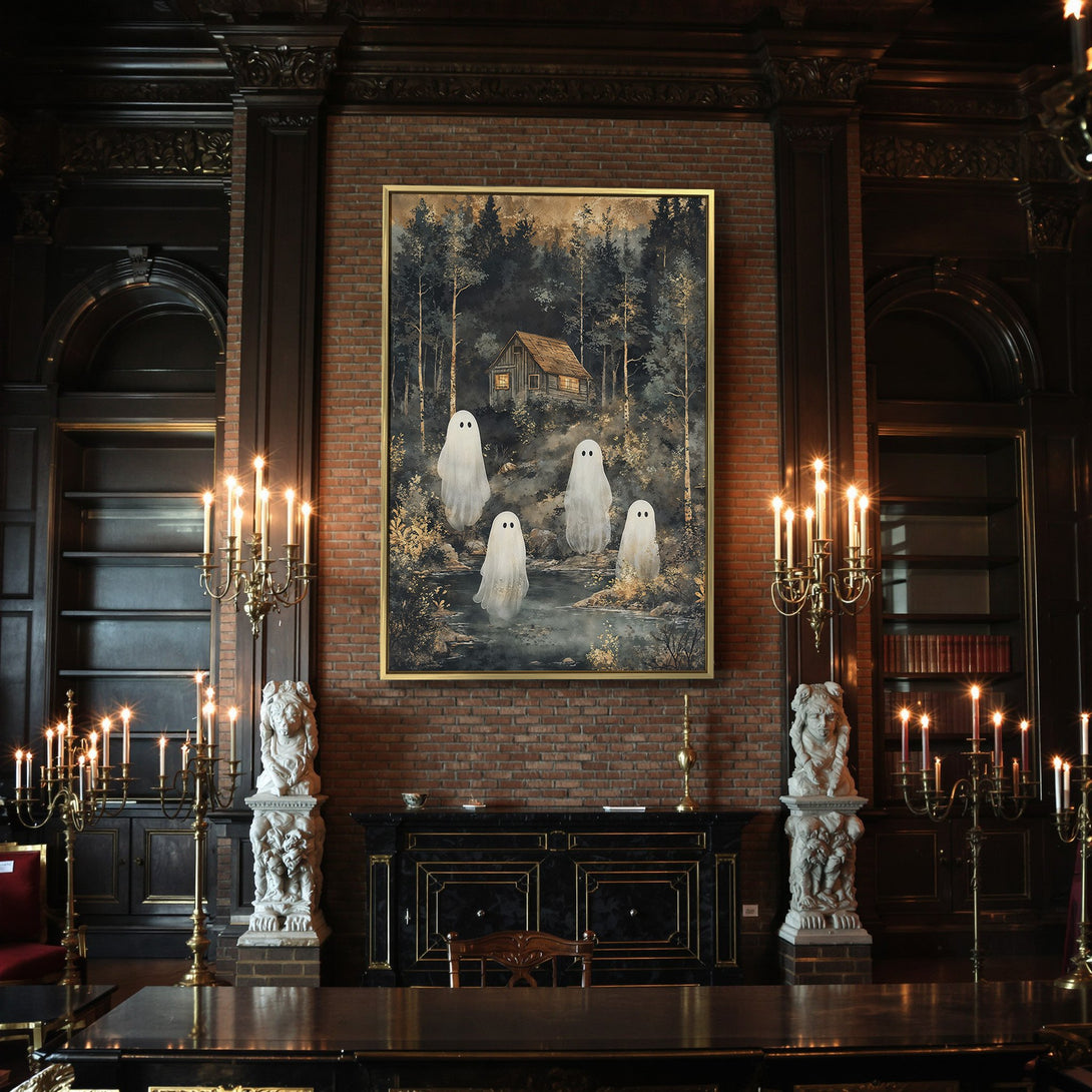 Canvas Print featuring a spooky forest scene with ghosts, in a watercolor style, with a dark and moody color palette.