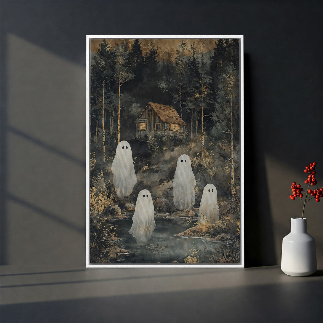 Framed Wall Art: Spooky forest scene with ghosts, cabin, and moody, earthy tones. Perfect for Halloween decor or a unique art piece.