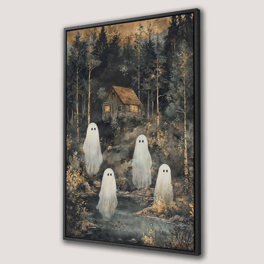 Framed Wall Art featuring a spooky forest scene with ghosts. Watercolor style with a dark, moody palette of greens, browns, and gold. Perfect Halloween decor.