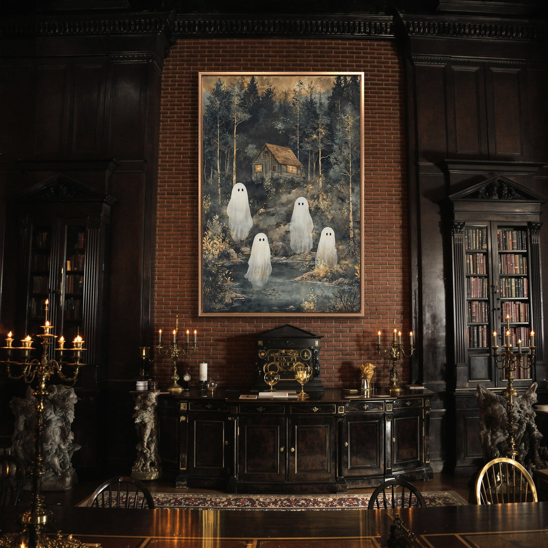 Framed Wall Art featuring whimsical ghosts in a forest scene. Dark, moody color palette with a touch of gold. Perfect Halloween decor!