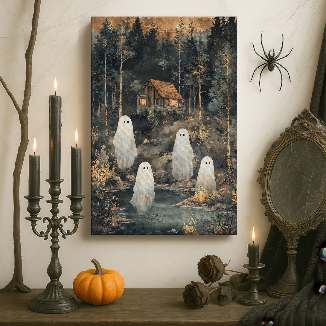 Framed Wall Art: Spooky forest scene with ghosts, cabin, and dark, moody color palette. Perfect for Halloween decor! Add a touch of eerie elegance to your space.