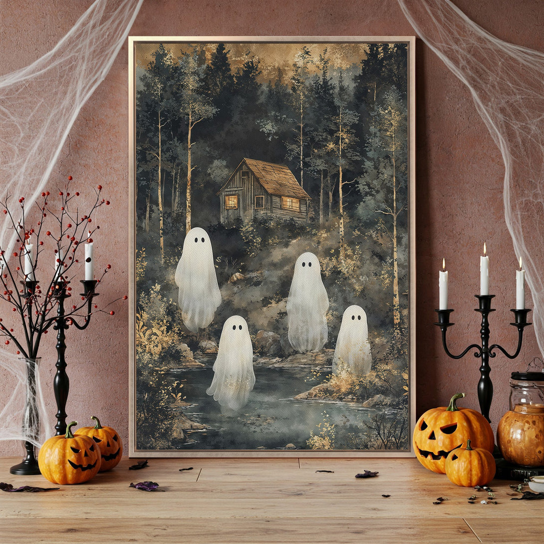 Framed Wall Art: Spooky forest scene with ghosts. Watercolor style, moody color palette. Perfect Halloween decor!