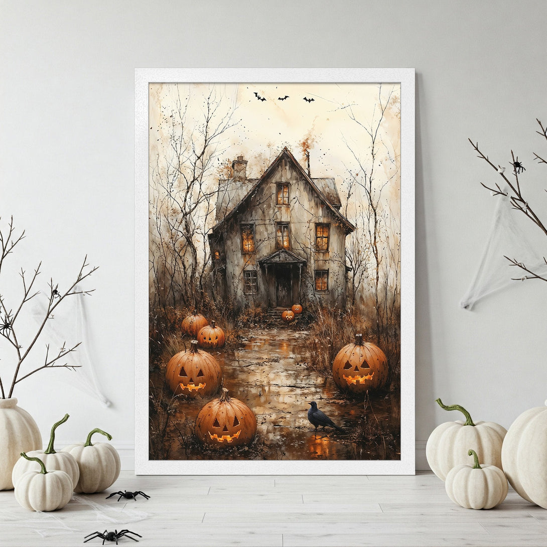 Framed Poster featuring a spooky Halloween scene with a haunted house, pumpkins, and a warm, earthy color palette. Perfect for fall decor!