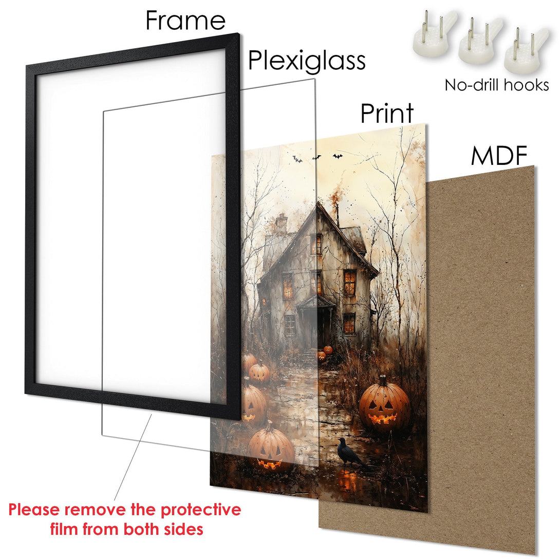 Framed Poster featuring a spooky house with pumpkins, in a watercolor style with a warm, autumnal color palette. Perfect Halloween decor!