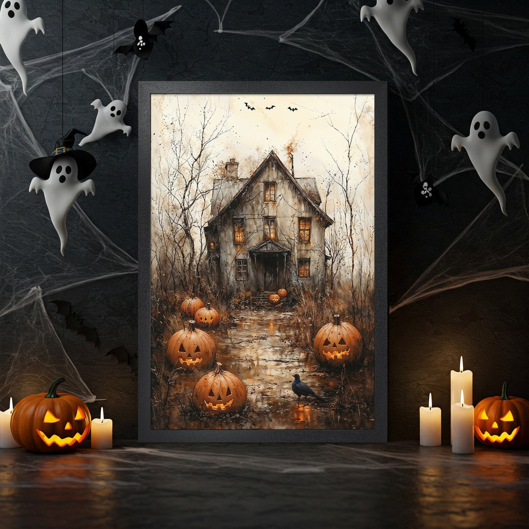 Framed Poster featuring a spooky watercolor house scene with pumpkins. Warm, autumnal color palette perfect for Halloween decor.
