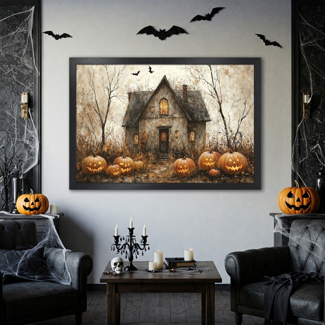 Framed Poster featuring a spooky Halloween house with glowing pumpkins. Watercolor style, warm autumnal color palette. Perfect for seasonal decor.