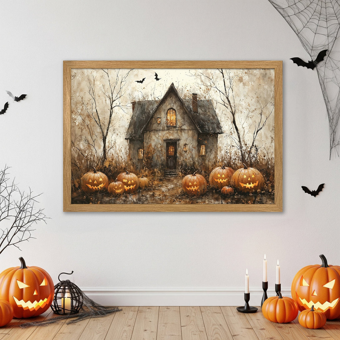 Framed Poster featuring a spooky Halloween house with pumpkins. Watercolor style, warm orange & beige palette. Perfect for seasonal decor!