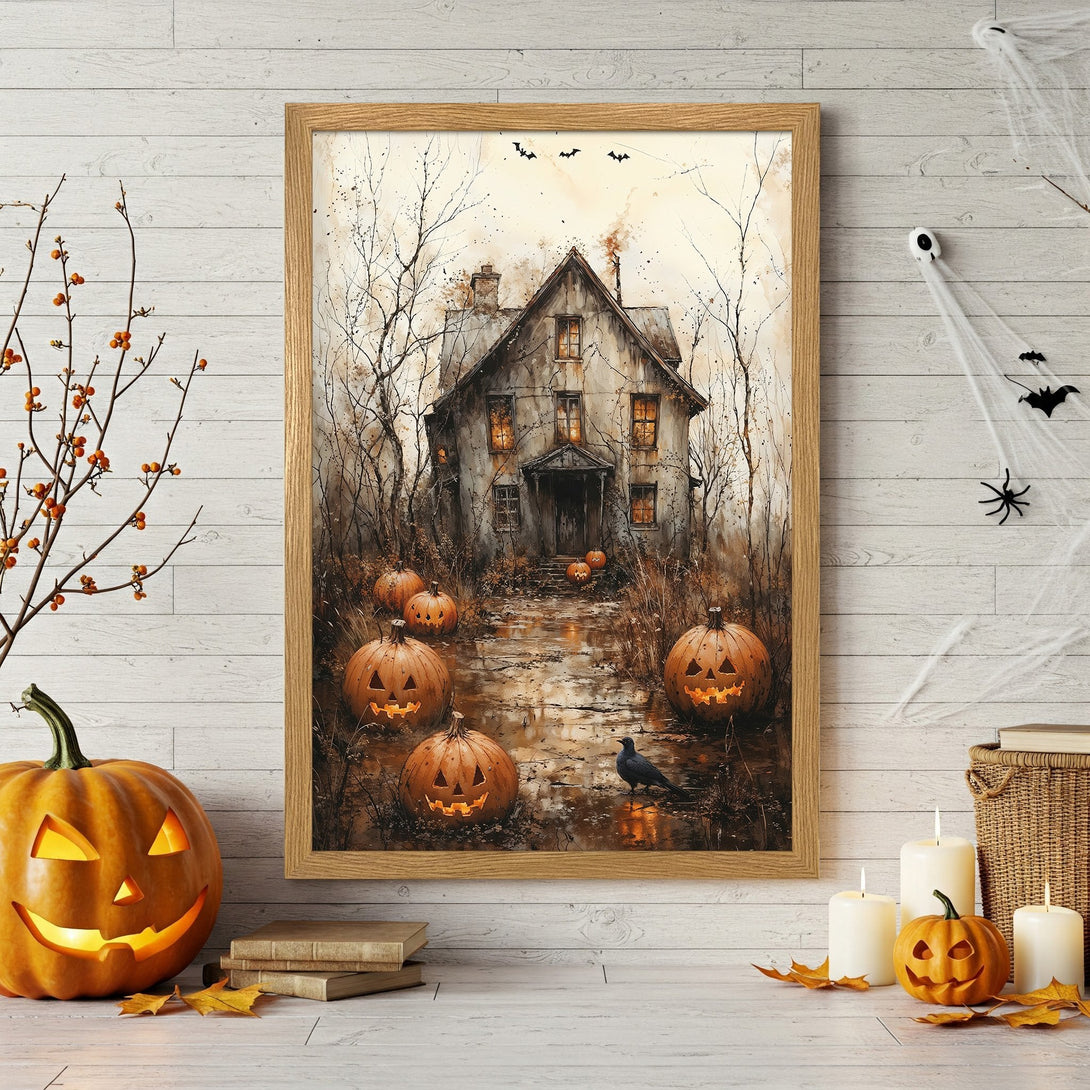 Framed Poster featuring a spooky watercolor Halloween house and pumpkins. Warm, autumnal color palette perfect for seasonal decor.