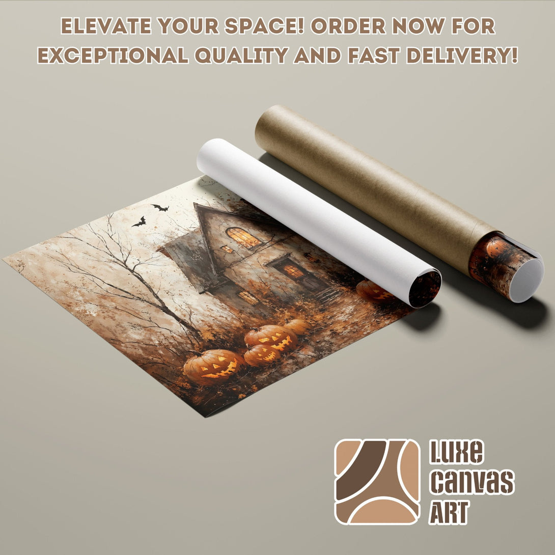 Halloween Poster Roll featuring a haunted house, warm color palette, perfect for fall decor.