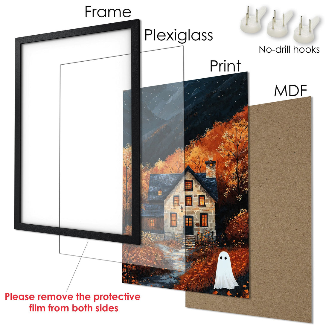 Framed Poster featuring a spooky house in autumn colors. Artistic style with warm orange, brown, and dark blue tones. Perfect Halloween decor!