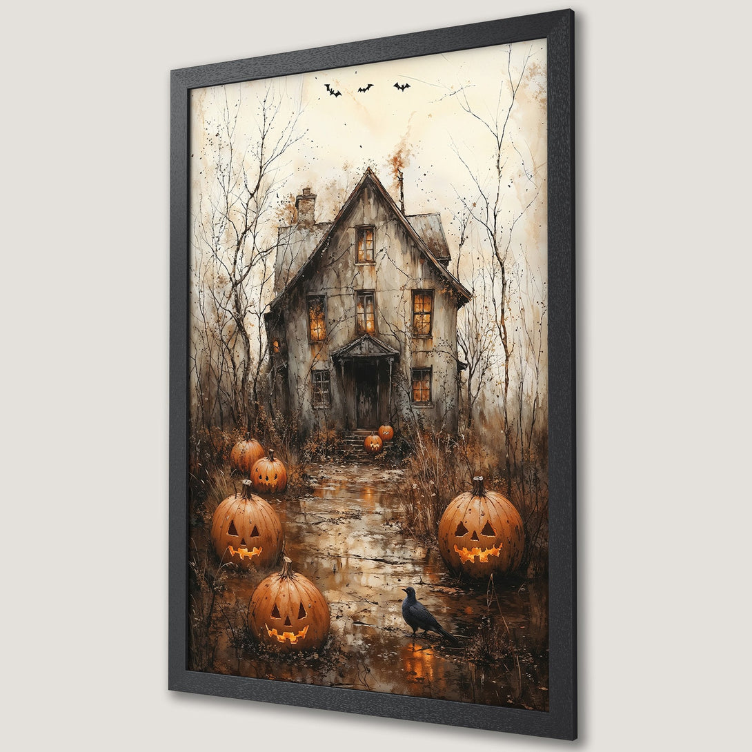 Framed Poster of a spooky Halloween scene with a haunted house, pumpkins, and a dark, watercolor style. Warm orange and brown tones.