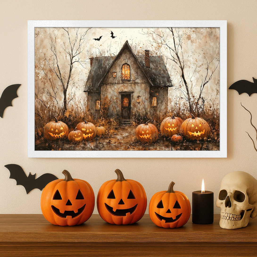 Framed Poster featuring a spooky Halloween house with pumpkins, in a watercolor style, warm color palette.