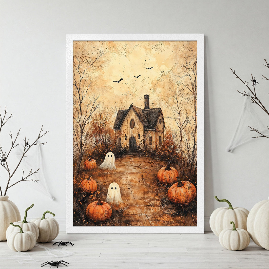 Framed Poster featuring a spooky Halloween scene with a haunted house, ghosts, and pumpkins in warm autumn colors. Perfect for fall decor!