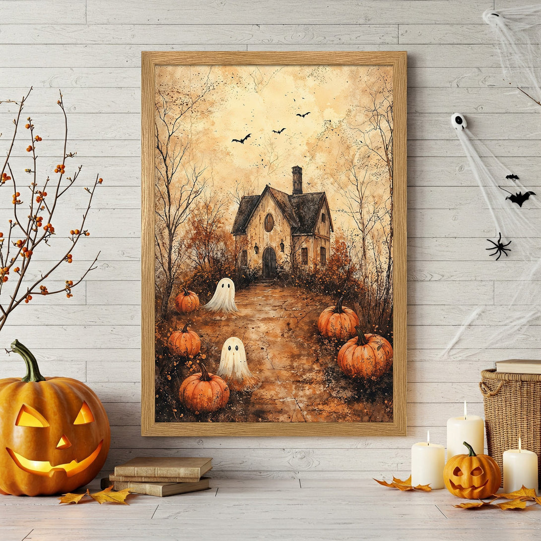 Framed Poster featuring a spooky Halloween scene with a haunted house, ghosts, and pumpkins in warm, autumnal tones. Perfect for fall decor!