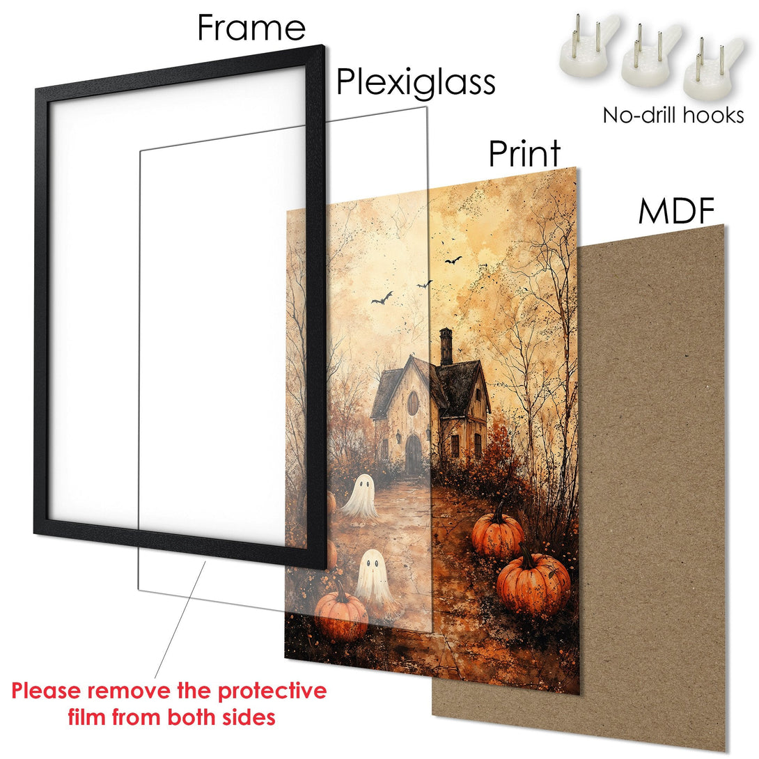 Framed Poster featuring a spooky Halloween scene with a house, ghosts, and pumpkins. Rustic style, warm orange and brown color palette.
