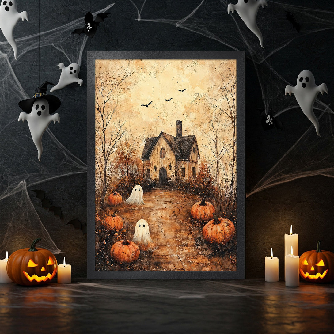 Framed Poster featuring a spooky Halloween scene with a haunted house, pumpkins, and ghosts. Warm, autumnal color palette.
