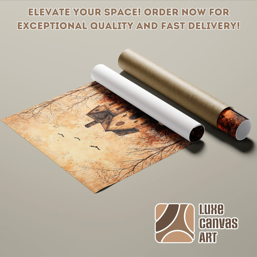 Poster Roll featuring a watercolor house and tree art print in warm earth tones. Elevate your space!