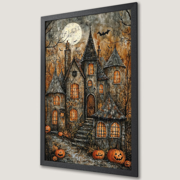 Framed Poster: Spooky Halloween castle art print with pumpkins, full moon, & bats. Rustic style, warm orange & grey color palette. Perfect Halloween decor.