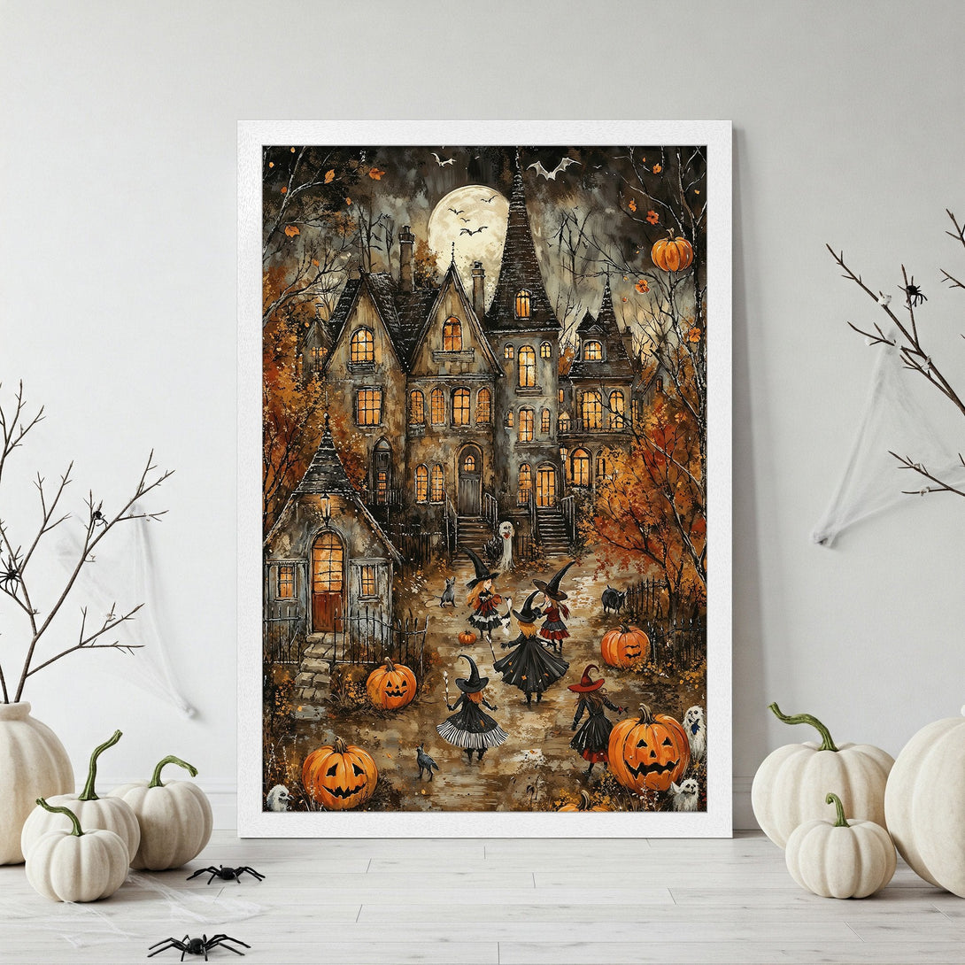 Framed Poster featuring a spooky Halloween scene with a haunted house, witches, and pumpkins. Warm orange and brown color palette. Perfect seasonal decor!