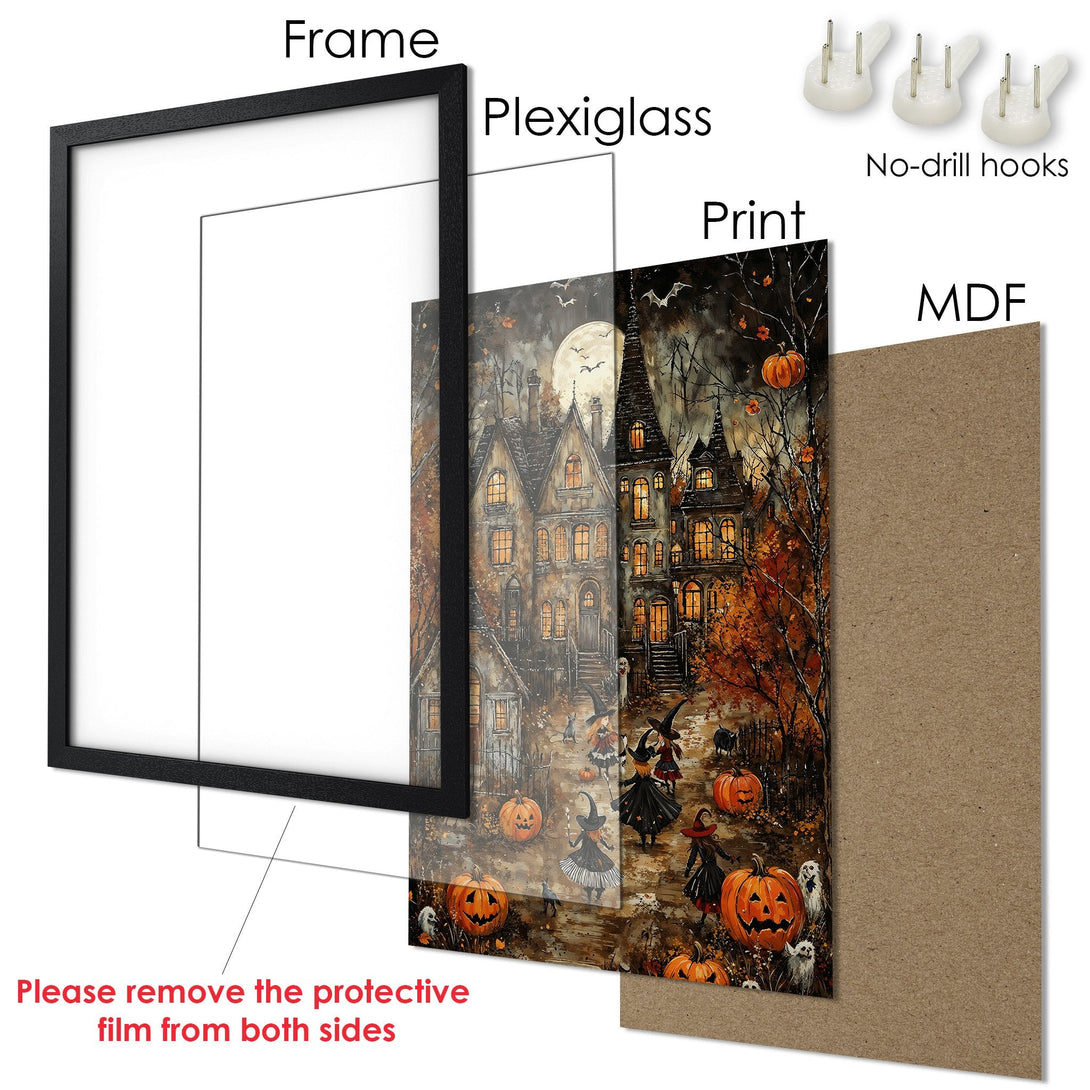 Framed Poster: Spooky Halloween scene with a haunted house, witches, and pumpkins. Warm orange and dark tones. Perfect for fall decor!