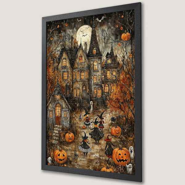 Framed Poster featuring a spooky Halloween scene with witches, pumpkins, and a haunted house in warm autumn colors.