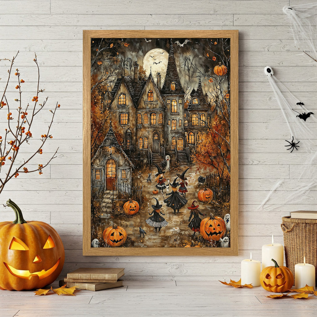 Framed Poster featuring a spooky Halloween scene with witches, pumpkins, and a haunted house. Autumnal color palette. Perfect for seasonal decor!