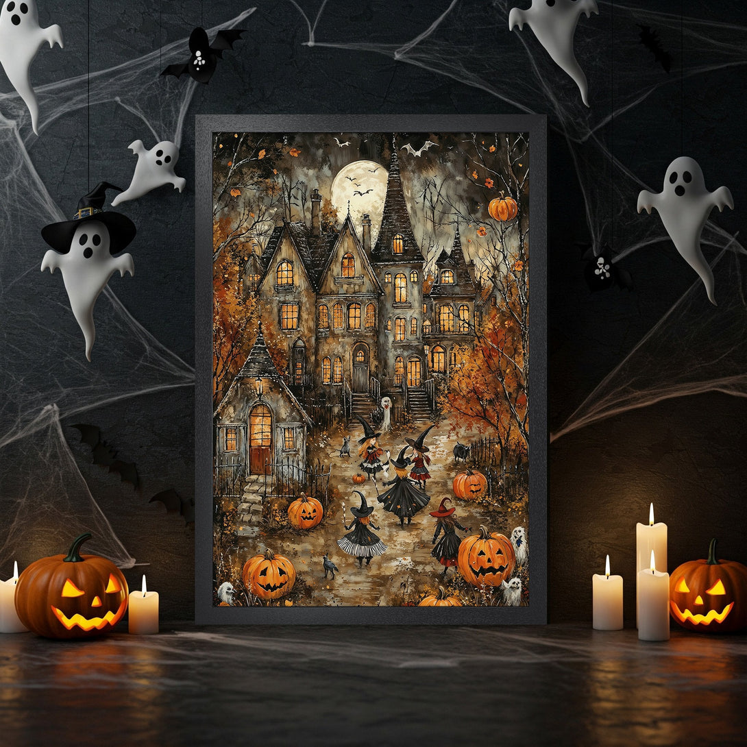 Framed Poster featuring a spooky Halloween scene with a haunted house, witches, and pumpkins. Warm autumn color palette. Perfect Halloween decor!