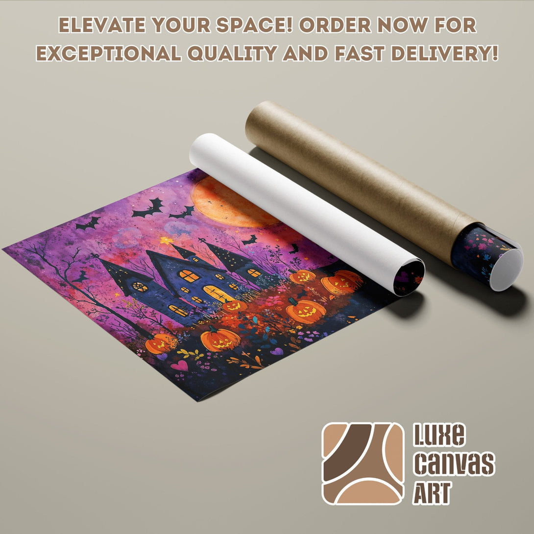 Halloween Poster Roll featuring a spooky castle, watercolor style, purple and orange palette.