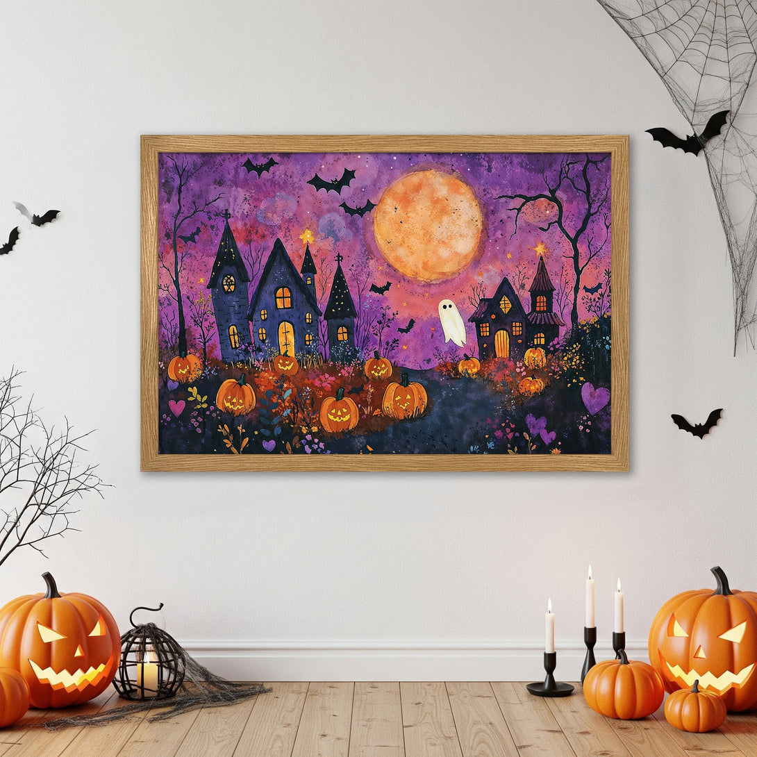 Framed Poster featuring a watercolor Halloween scene with pumpkins, haunted houses, and a purple color palette. Perfect spooky decor!