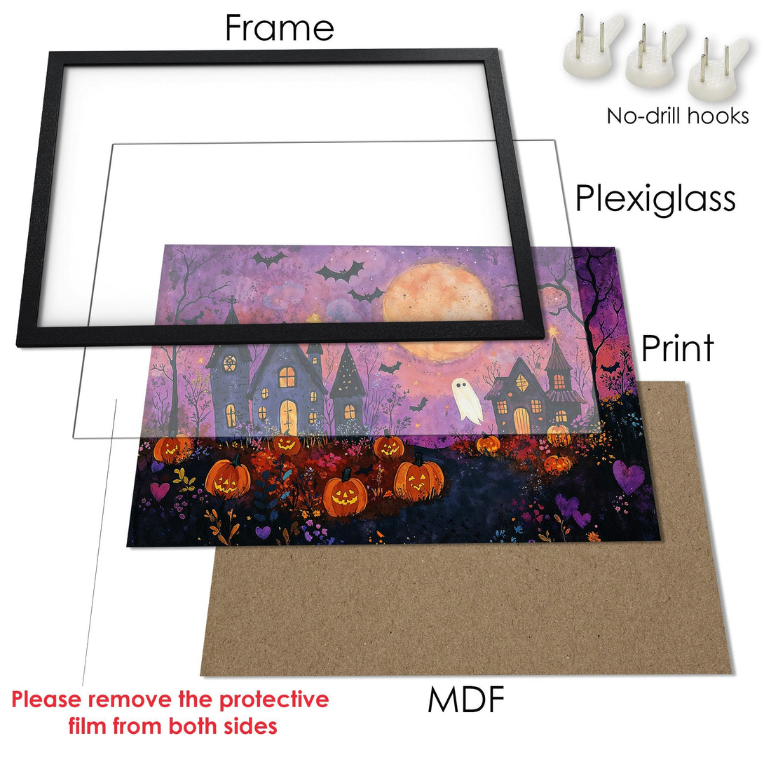 Framed Poster featuring a spooky Halloween scene with pumpkins, houses, and a ghost. Watercolor style in purple, orange, and black. Perfect wall art!