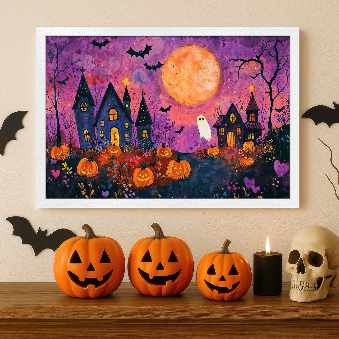 Framed Poster featuring a whimsical Halloween scene with pumpkins, ghosts, and a purple and orange color palette.