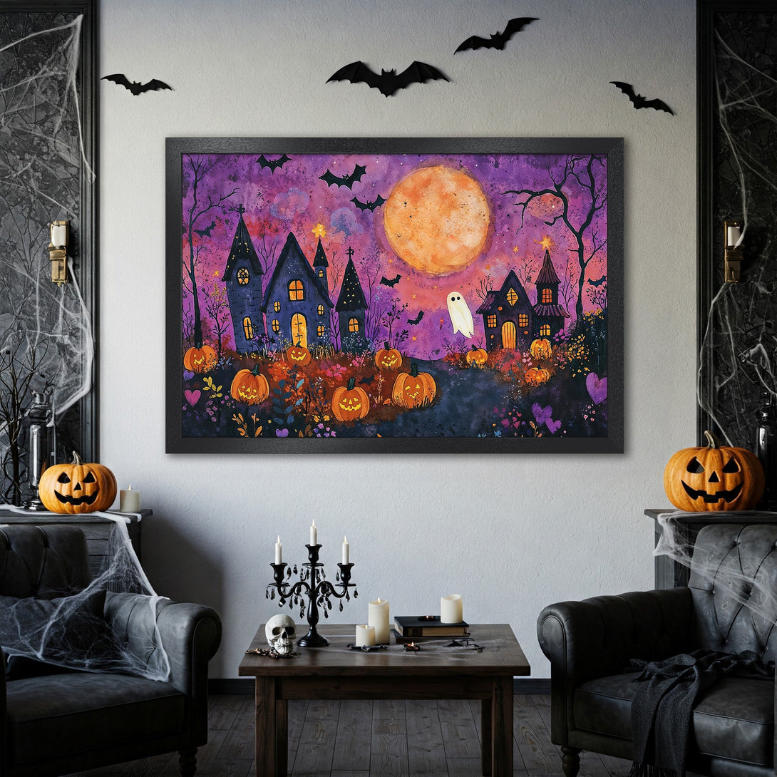 Framed Poster featuring a whimsical Halloween scene with pumpkins, haunted houses, and a full moon. Watercolor style, purple and orange palette. Perfect spooky decor!