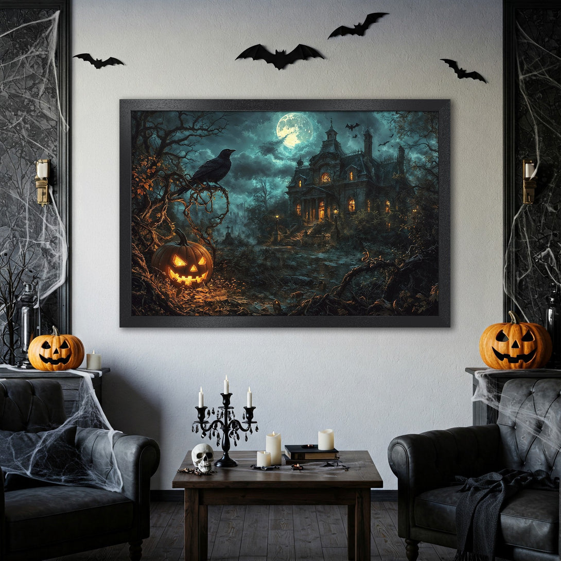 Framed Poster featuring a spooky haunted house scene. Dark, gothic style with teal and orange color palette. Perfect Halloween decor.