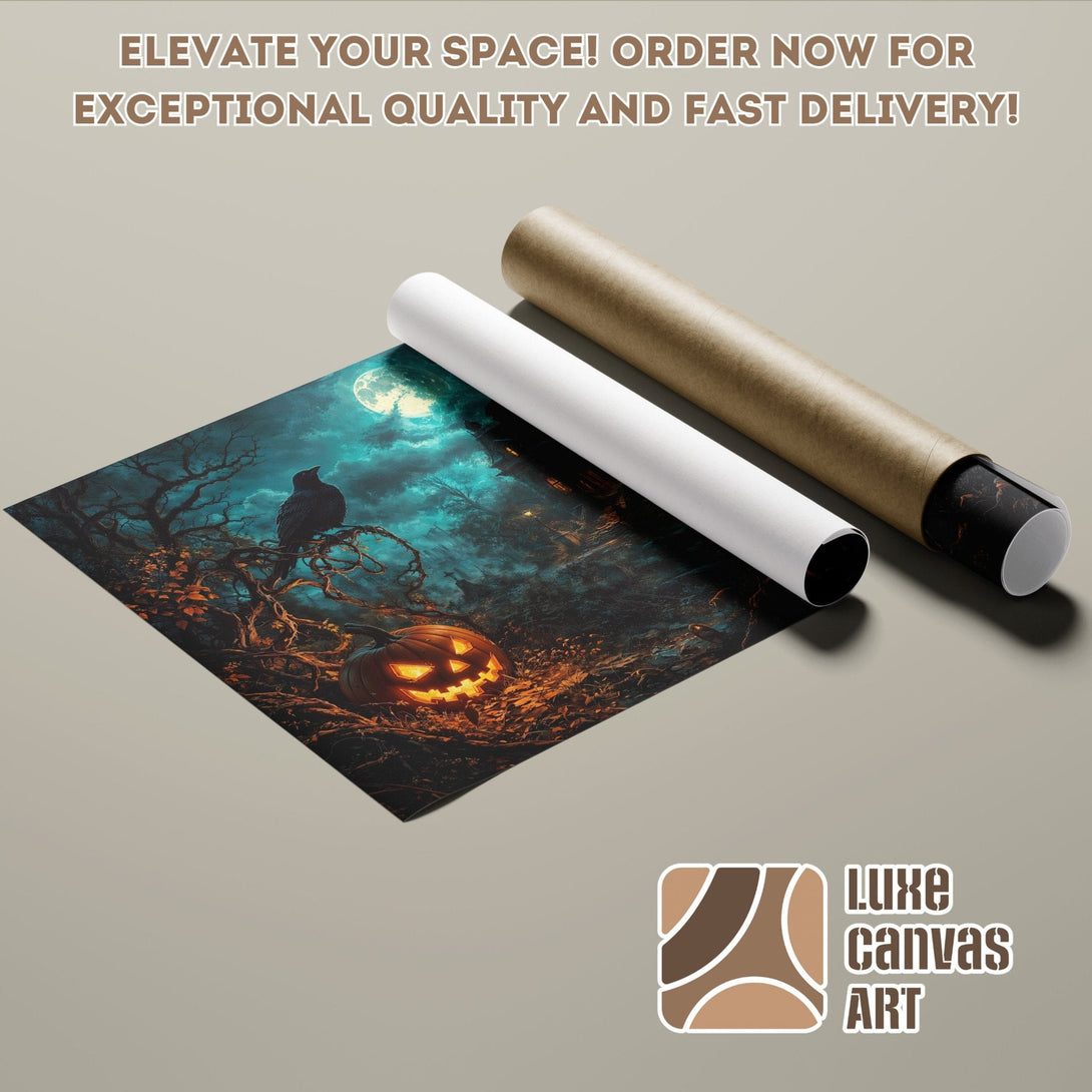 Spooky Halloween Poster Roll with crow, pumpkin, and teal color palette. Order now!