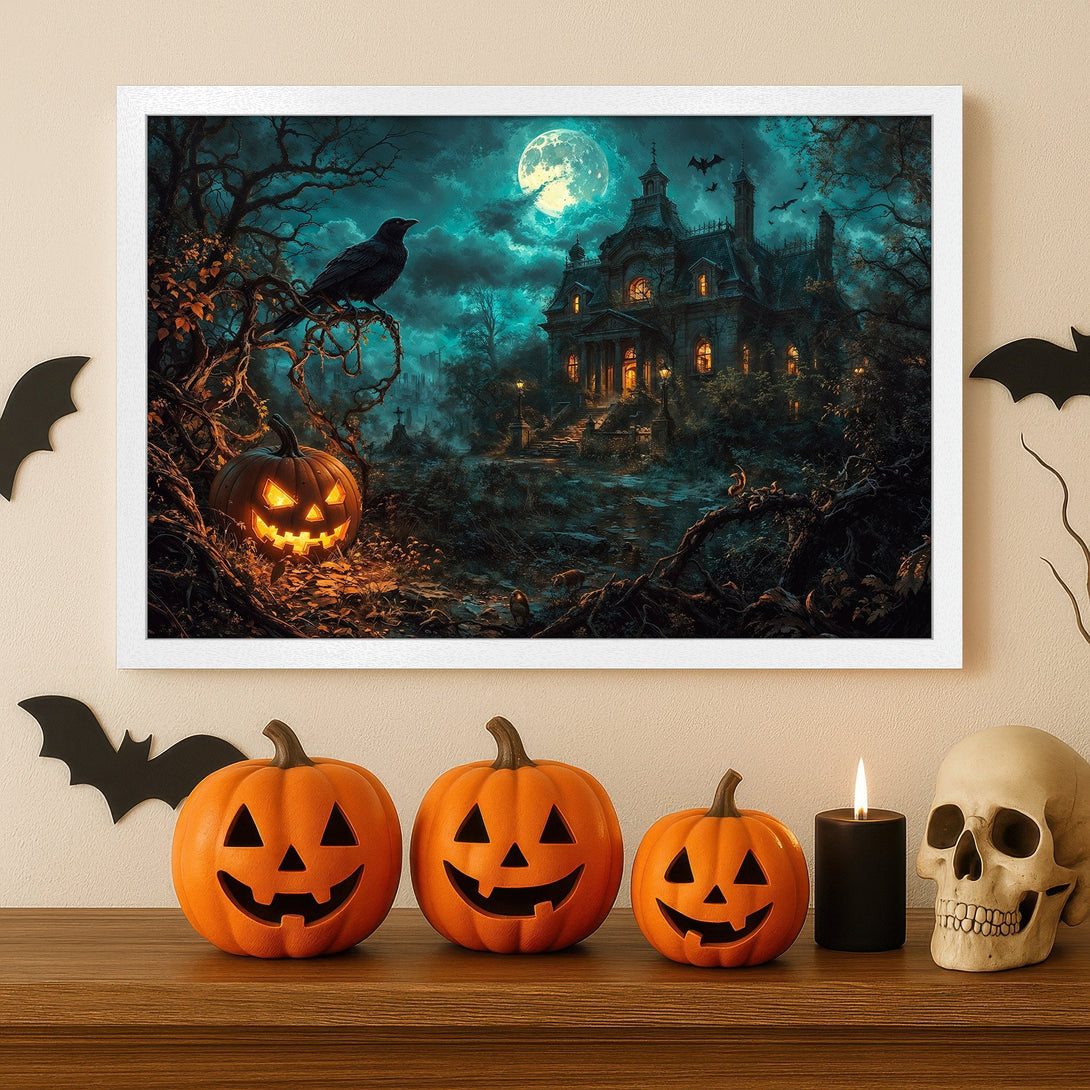 Framed Poster featuring a spooky haunted house scene in a dark teal and orange palette. Perfect Halloween decor!