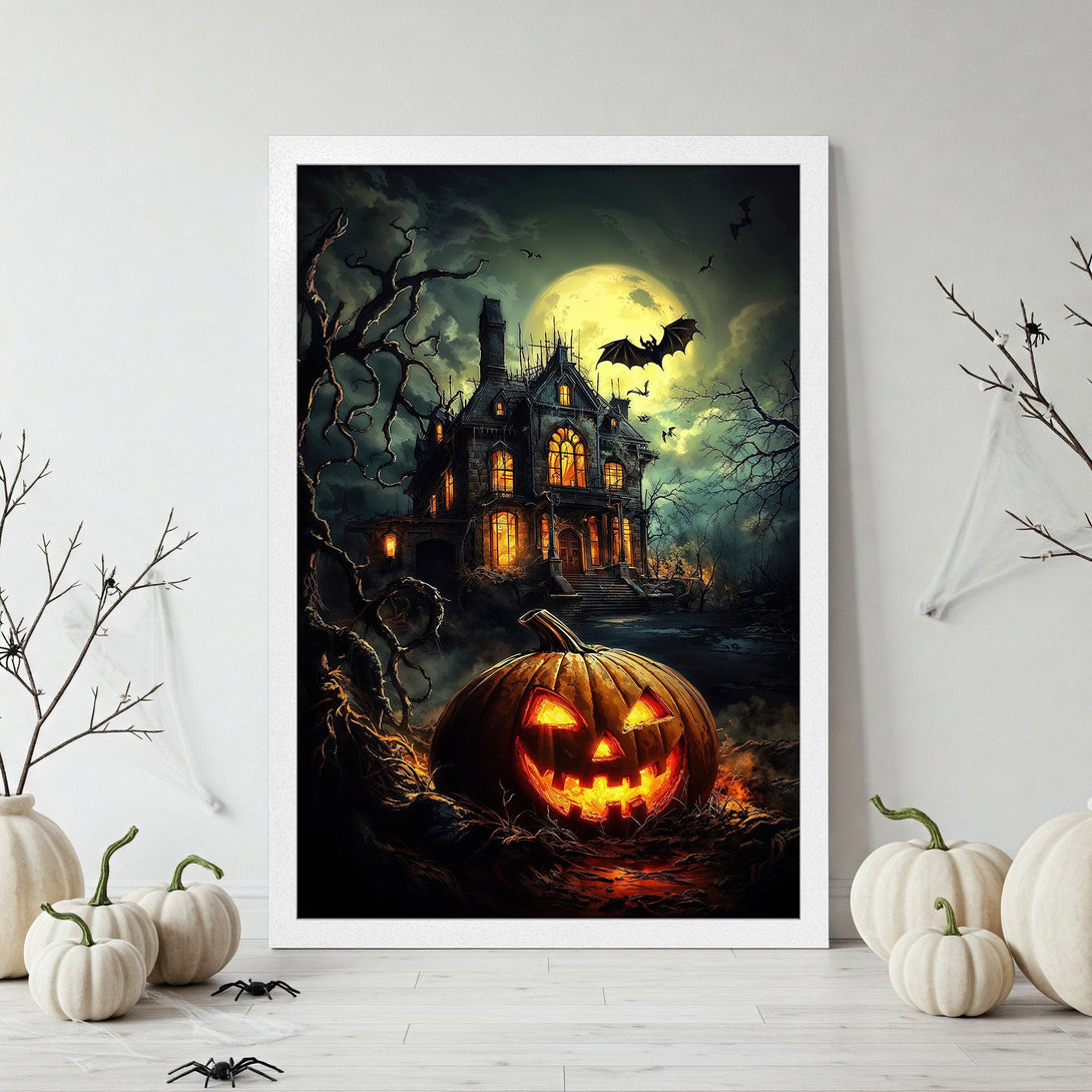 Framed Poster featuring a spooky Halloween scene with a haunted house, pumpkin, and dark color palette. Perfect for seasonal decor!