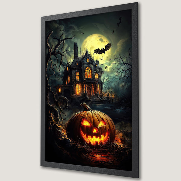 Framed Poster featuring a spooky Halloween scene with a haunted house, jack-o'-lantern, and bats. Dark, dramatic style with a moody green and orange palette.